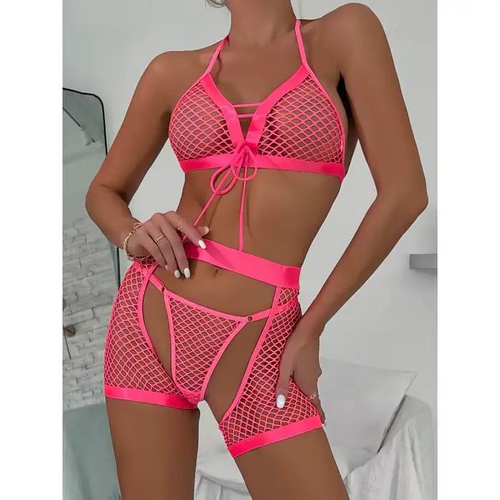 Bikini trois pièces en maille transparente pour femme