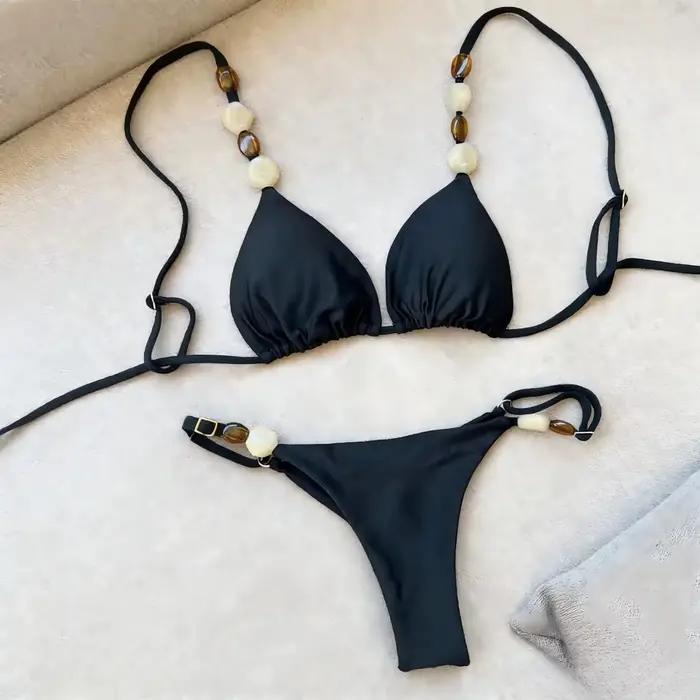 Boho Chic deux pièces ensemble de Bikini avec détails en pierre couleur unie taille haute maillot de bain vacances plage porter maillot de bain femmes