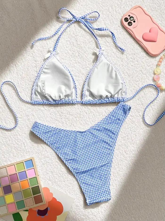 Maillot de bain deux pièces imprimé à carreaux bleus pour femmes