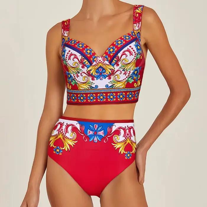 Vintage fronde motif imprimé Bikini ensemble femmes maillots de bain Push Up une pièce maillot