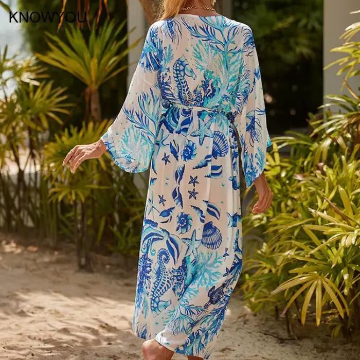 Beach Cover Ups Sexy imprimé léopard maillot de bain Cape femmes Long paréo auto ceinturé robes portefeuille vacances