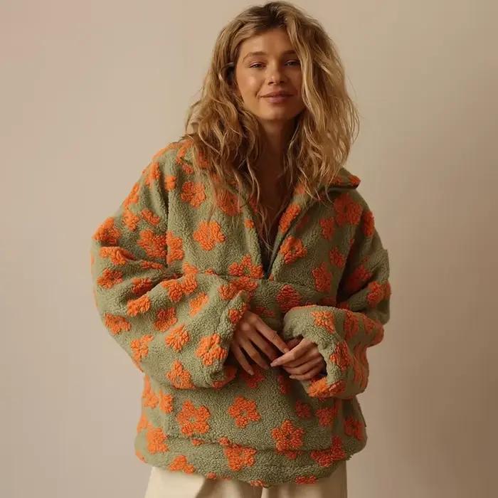 Sweat-shirt à fleurs en polaire pour femmes, nouvelle mode automne-hiver 2021, sweat à capuche chaud en fourrure, haut avec fermeture éclair, vêtements d'extérieur décontractés