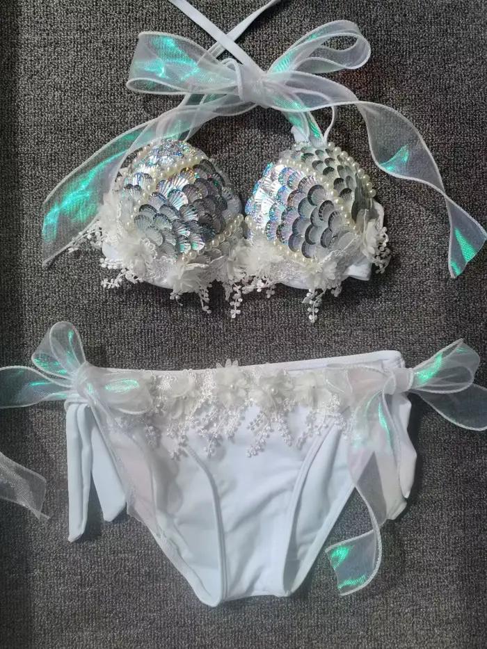 Nouveau sirène paillettes coquille haut de bikini gland or chaud soutien-gorge Oceanarium Bar Table Performance Costumes queue de poisson en cuir