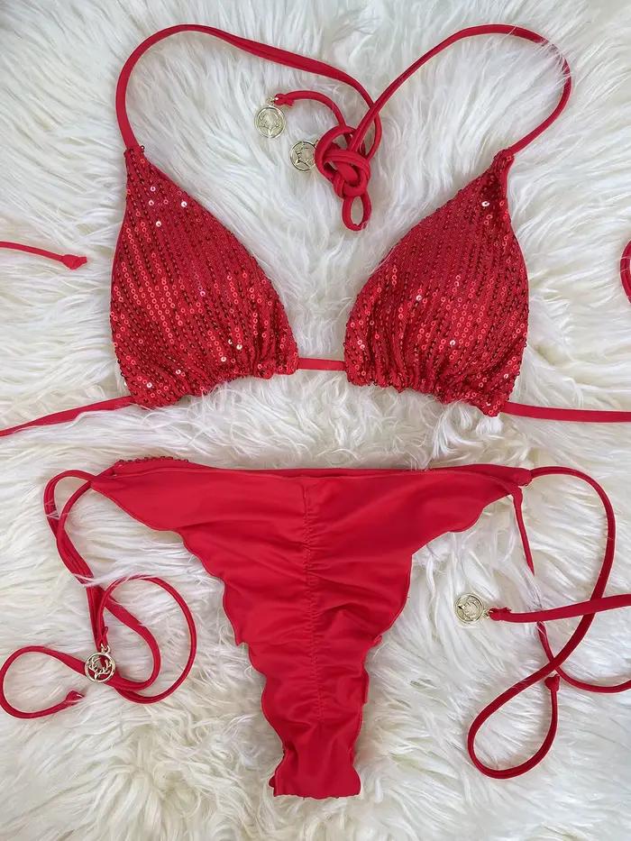 Melphieer Swim 2 pièces femmes été plage vacances froncé Bum paillettes scintillantes plaine licou sangle Bikini ensemble maillot de bain