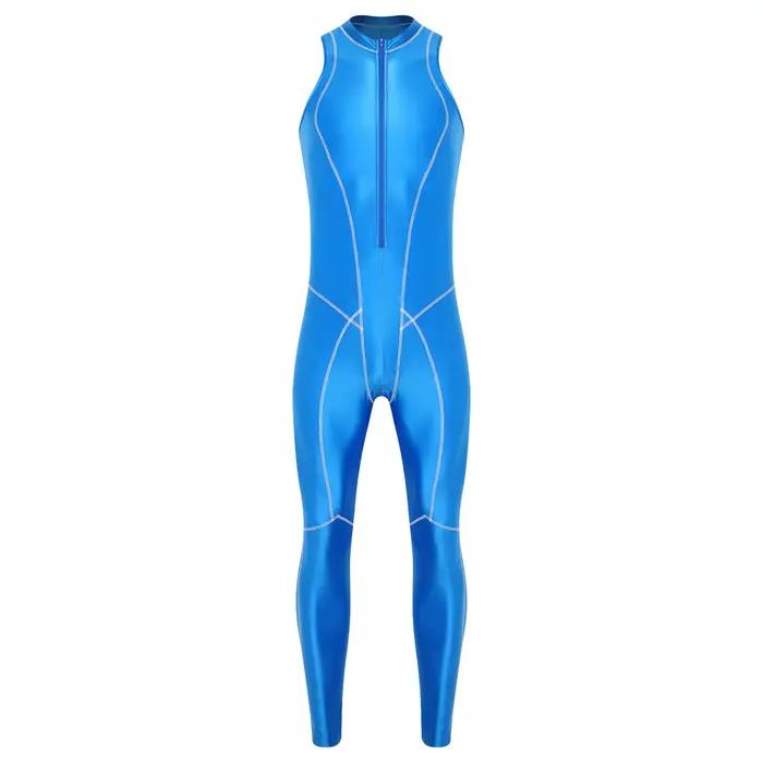 Combinaison de bain brillante pour homme, une pièce, sans manches, avec fermeture éclair, justaucorps, maillot de bain, tenue de sport, fitness, entraînement