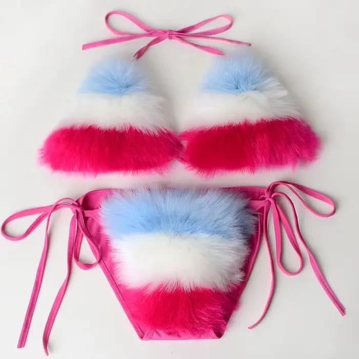 Arc-en-ciel rayé femmes en peluche fourrure Bikinis ensemble maillot de bain sport fausse