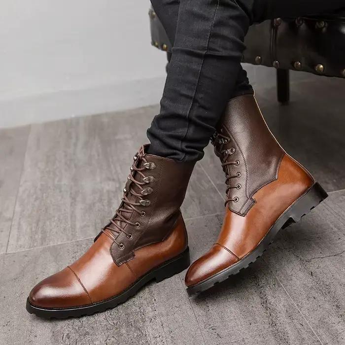 Mayba-Bottes en cuir à talons bas pour hommes, coordonnantes, pointues, Parker, à lacets, chaussures décontractées, extérieur, rétro, hiver, taille 38-48