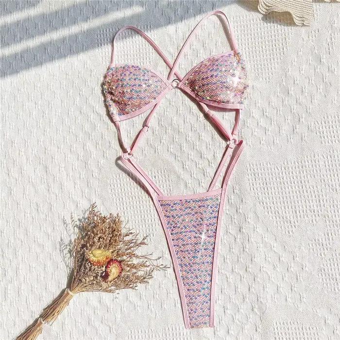 Maillot de bain micro bikini rose à sequins brillants