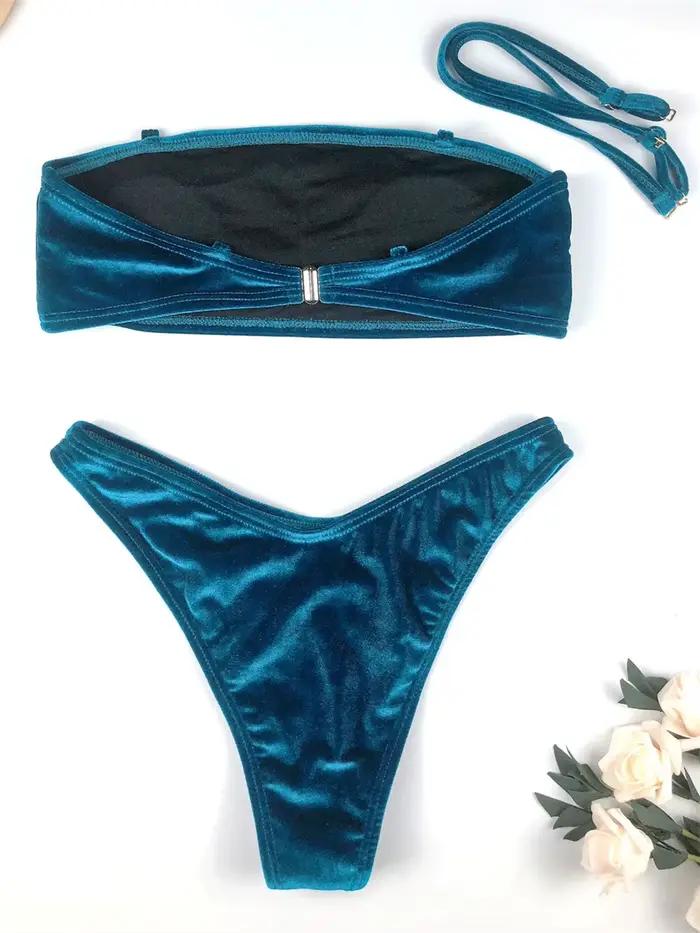 Bikini vintage bleu en velours pour femmes, taille haute, bandeau, ensemble de deux pièces, plage, mariage, vacances ```