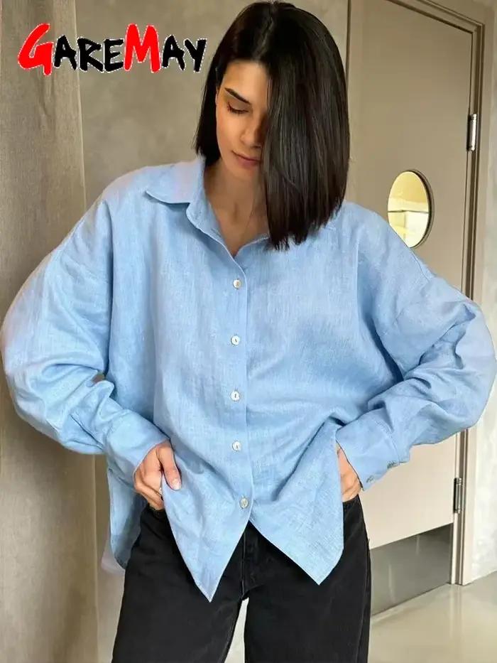 Chemise en lin à manches longues pour femmes, chemisier surdimensionné, col haut basique, coton, élégant, rose, vintage, printemps