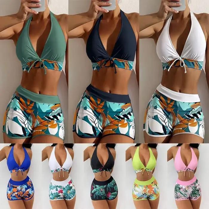 Bikini Femme Helisopus Style Col Suspendu Avec Motifs Fleurs Taille Réglable Occasions Plage Bain Vacances