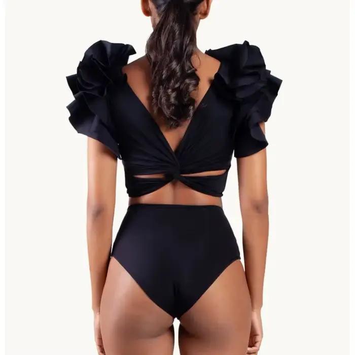 Maillot de bain noir à col en V 2026, maillot de bain à volants pour femme, maillot de bain taille haute imprimé, tenue de plage