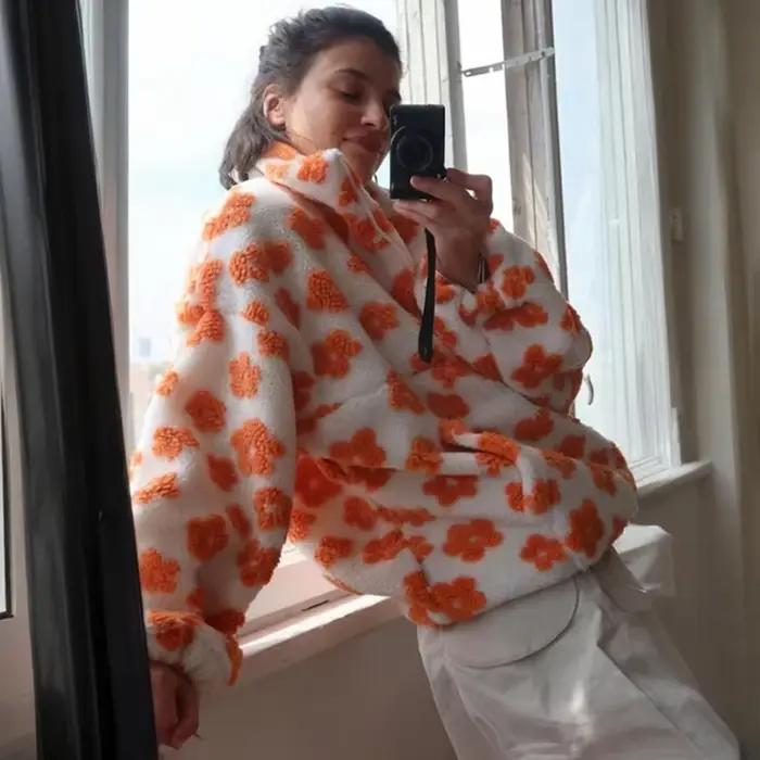 Sweat-shirt à fleurs en polaire pour femmes, nouvelle mode automne-hiver 2021, sweat à capuche chaud en fourrure, haut avec fermeture éclair, vêtements d'extérieur décontractés