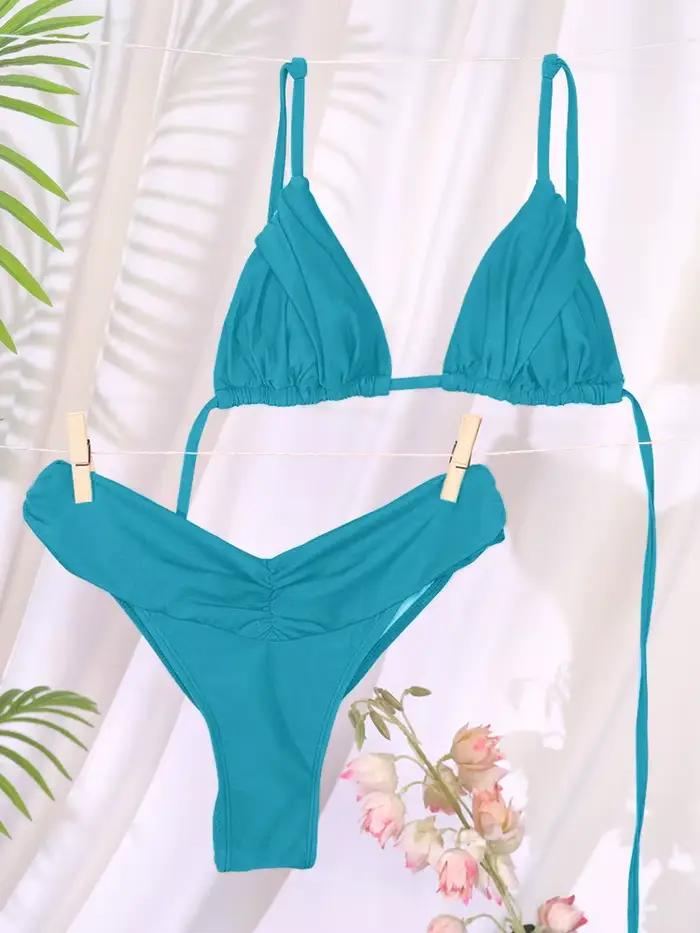 Sexy plis Bikini ensemble solide Micro Bikinis femmes maillot de bain femme Triangle maillots