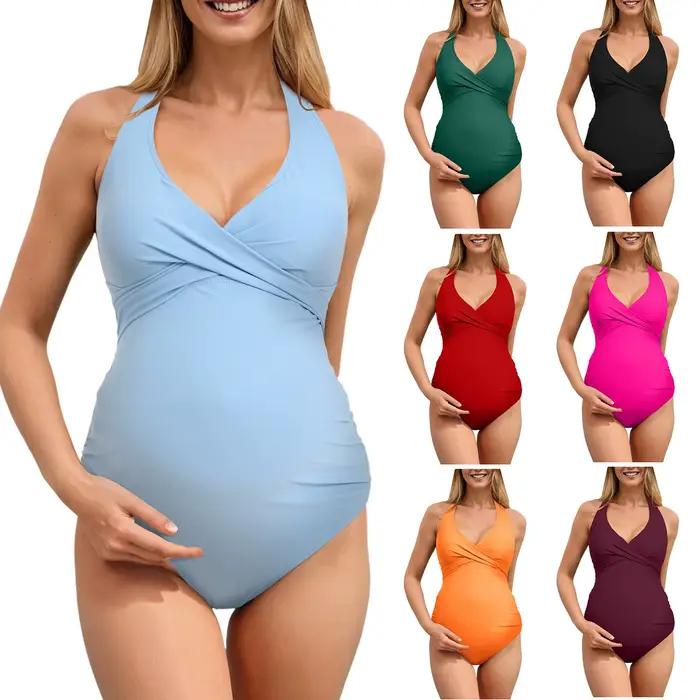 Été une pièce maillot de bain pour les femmes enceintes sexy licou cou moulante maternité Bikini ensemble solide