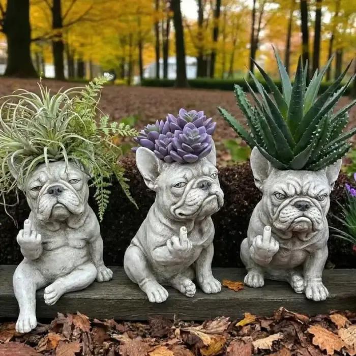 Pot de fleurs en résine en forme de bouledogue français grincheux, support de plantes élégant, ornement décoratif, décoration de jardin extérieur