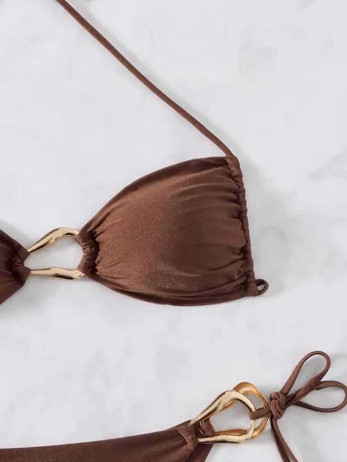 Sexy noir café Bikini ensemble 2025 femmes métal ornement évider Push Up soutien-gorge string maillot de bain été