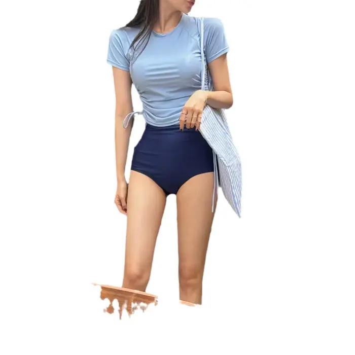 Maillot de bain deux pièces taille haute sportif amincissant shorty color block à demi-manches en nylon thermique pour femmes occasions de nage et de plage