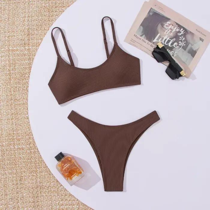 Maillot de bain bikini côtelé uni pour femme