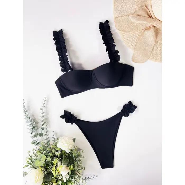 Push Up Bikini ensemble femmes maillots de bain Sexy froncé jarretelle maillot