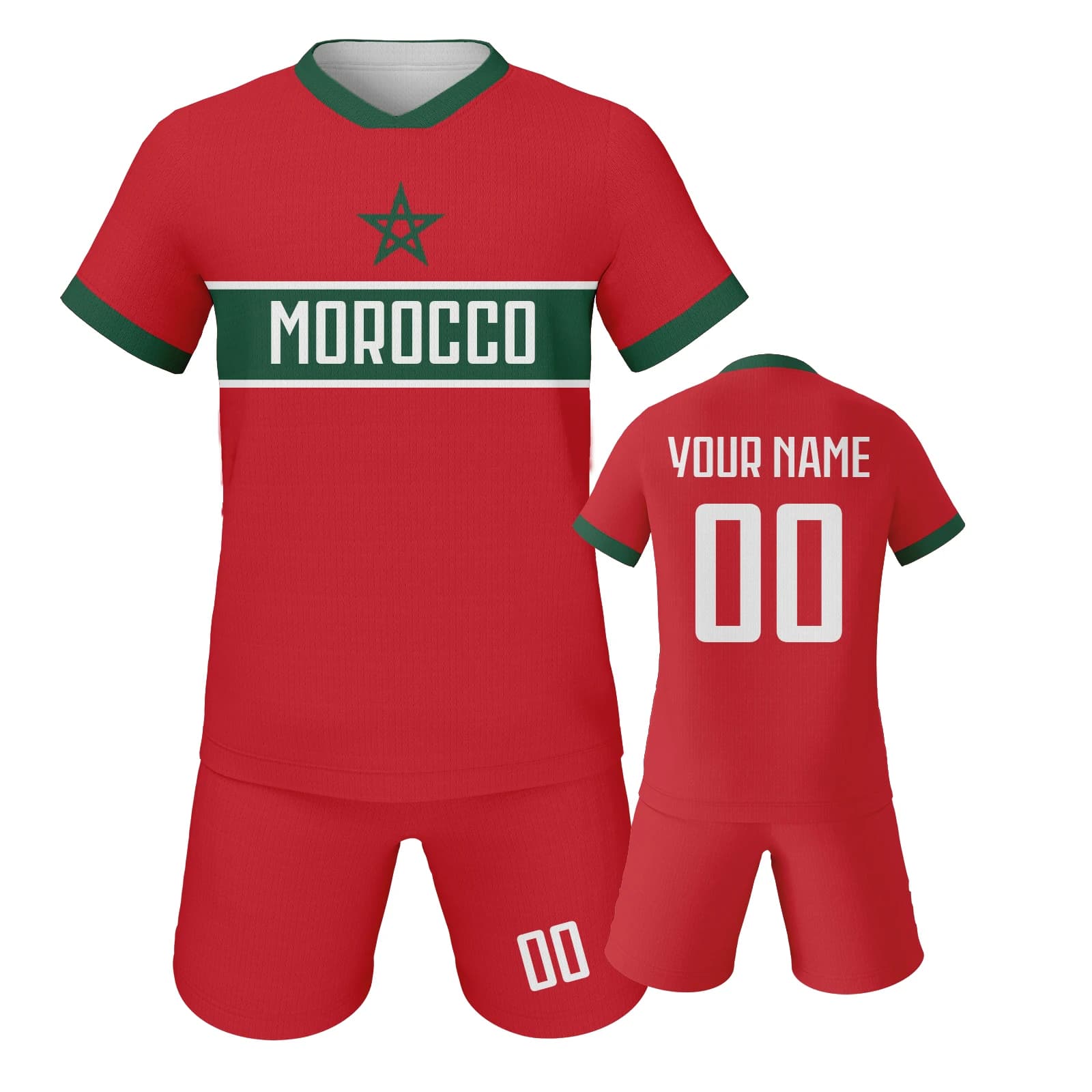 Ensemble de football personnalisé pour enfants du Maroc, maillot et short imprimés avec nom et numér