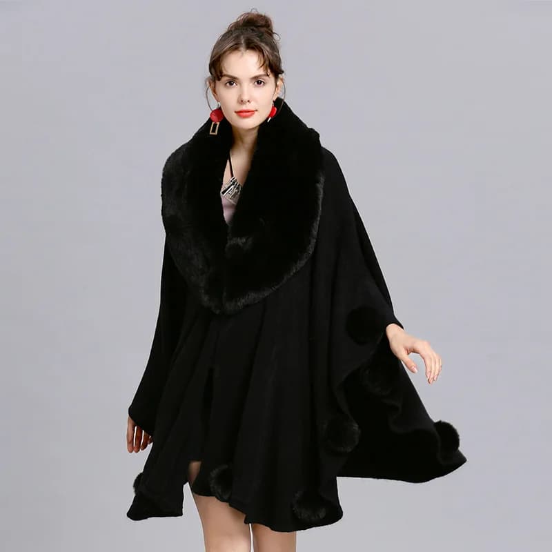 Poncho à col en fausse fourrure de renard pour femmes, grandes capes pendule, châle boule de fourrur