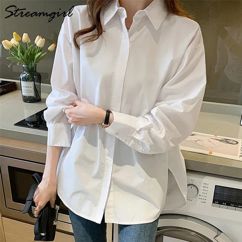 Chemise blanche surdimensionnée pour femme, col rabattu, chemisiers monochromes, chemises décontract