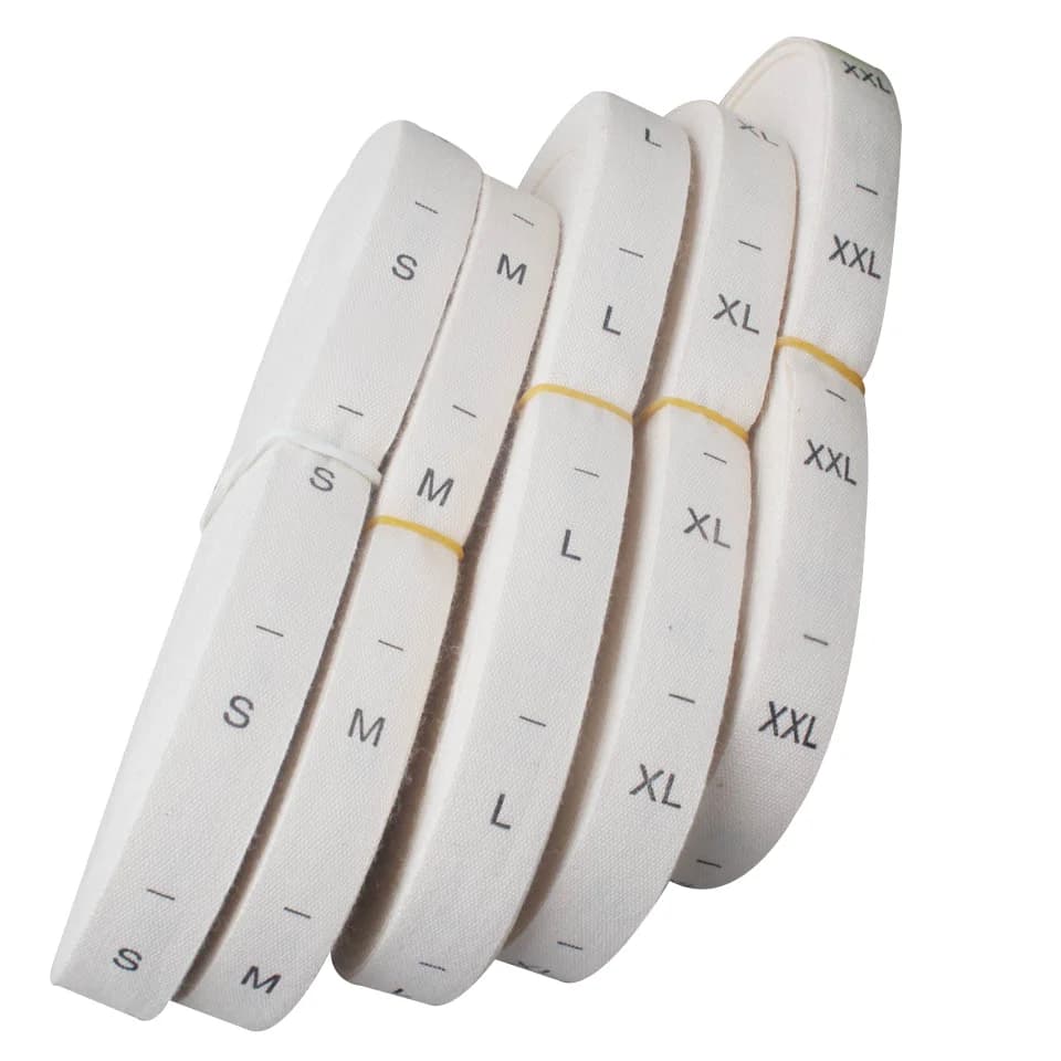 Étiquettes de taille de vêtements en pur coton, étiquette de fond Biege naturel, lettres noires XS S