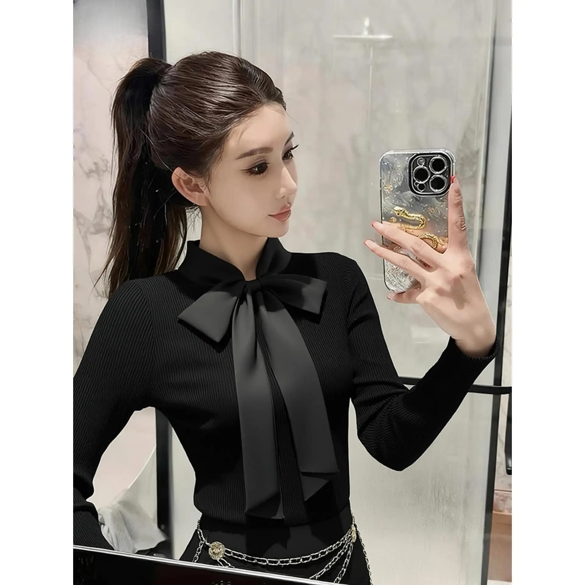 Noeud laçage mince tempérament t-shirts femmes vêtements nouveau à manches longues solide simplicité