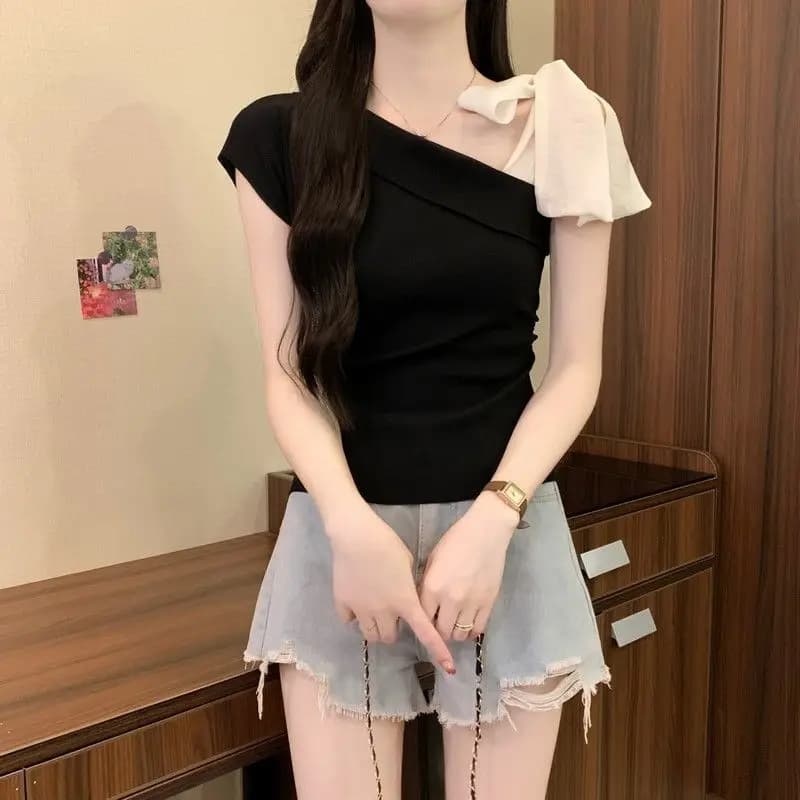 T-shirt élégant en tricot à nœud papillon pour femme, haut ajusté à manches courtes et épaules dénud