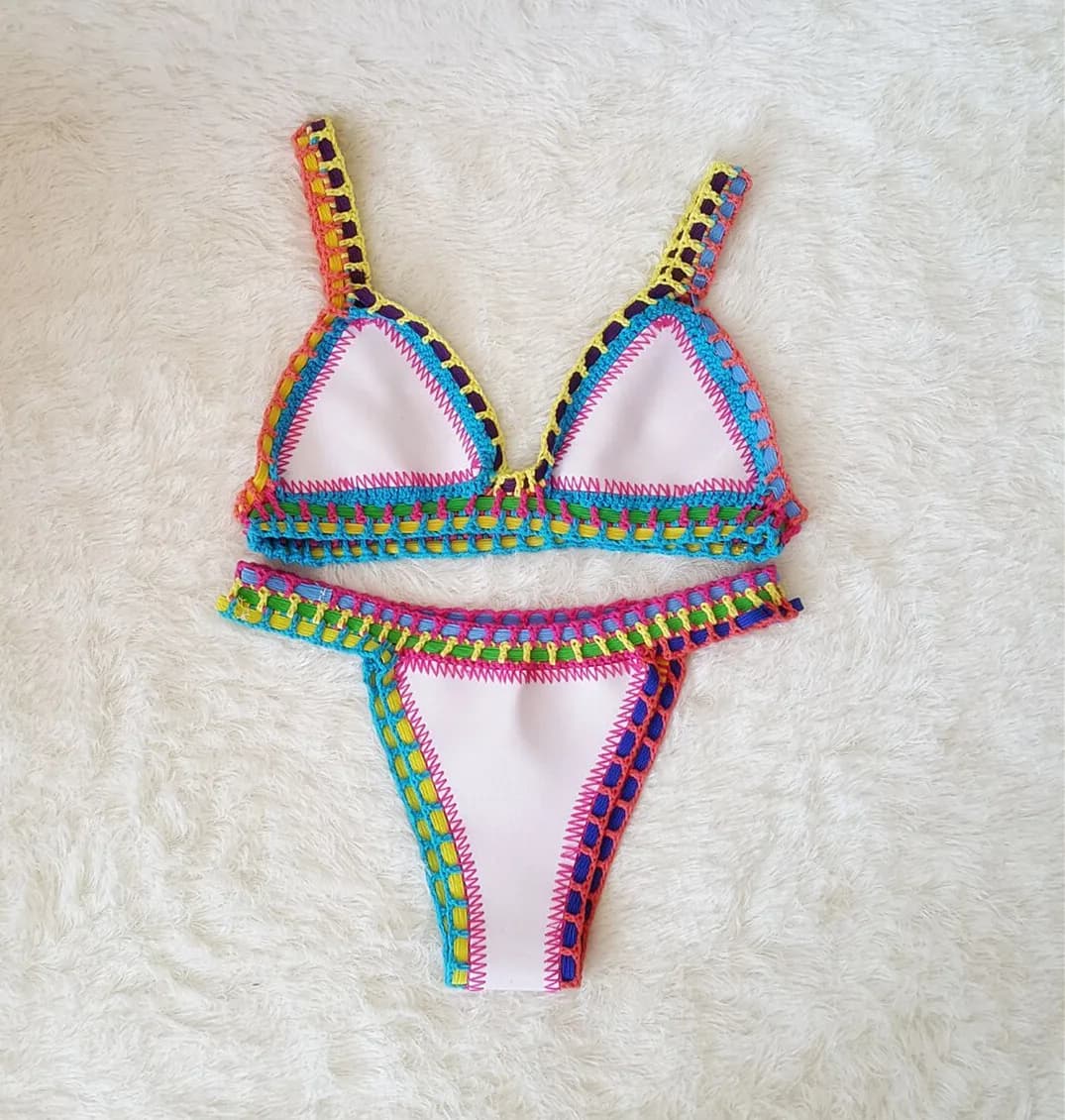 Maillot de bain réversible tricoté à la main pour femme, ensemble deux pièces, sexy, taille basse, p