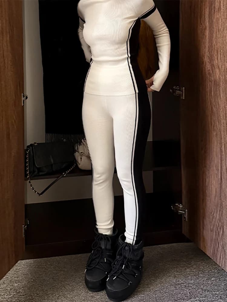 Combinaison pantalon en tricot à panneaux de ski pour femmes, style sportif, col roulé mi-haut, manc