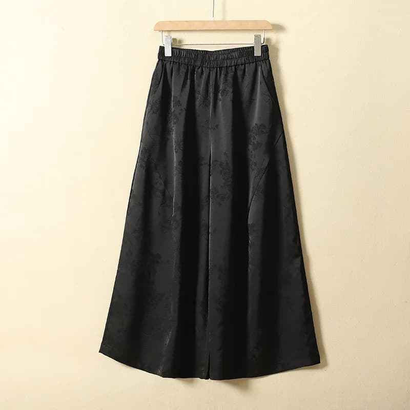 Pantalon large taille haute en satin brodé amincissant pour femme – Style décontracté et fluide, cou