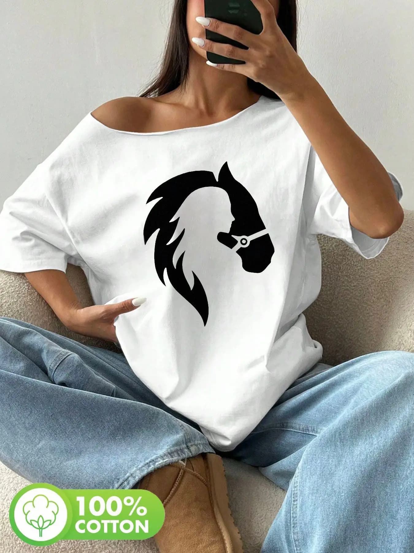 T-shirt graphique grande taille avec silhouette de cheval sauvage, 100 % coton, coupe ample aux épau