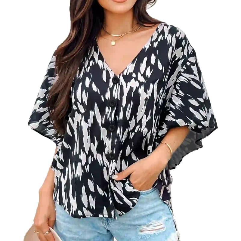 Chemise femme grande taille, haut cardigan imprimé tacheté bouton col en V. Vêtements d'été décontra