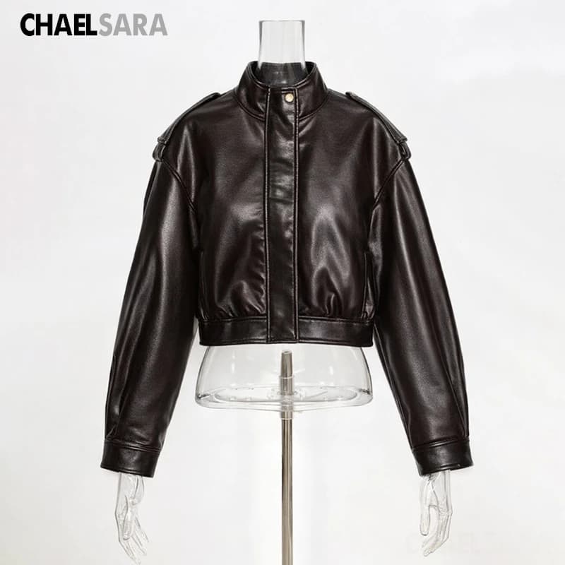 Nouvelle veste en similicuir pour femme 2026 – Tendance printemps-automne, col montant, manches long