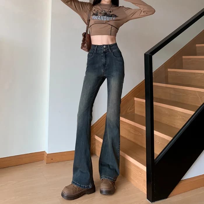 Jean gris ciment taille haute pour femme, Nouveauté 2026 Printemps-Automne, Pantalon évasé ample tai