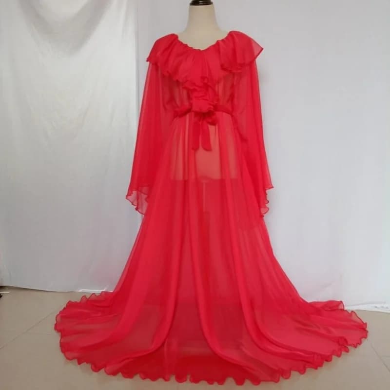 Robe longue grande taille en tulle transparent sexy à manches longues et volants, col en V, toucher 