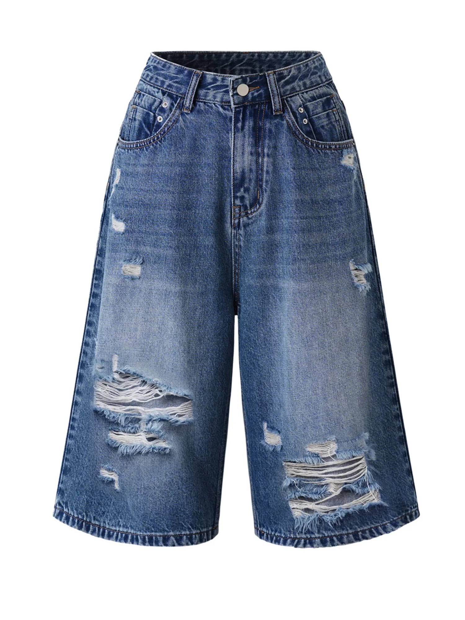 Jean Capri en Denim Déchiré Taille Haute pour Femme, Style Vintage Délavé, Coupe Ample Jambe Large, 
