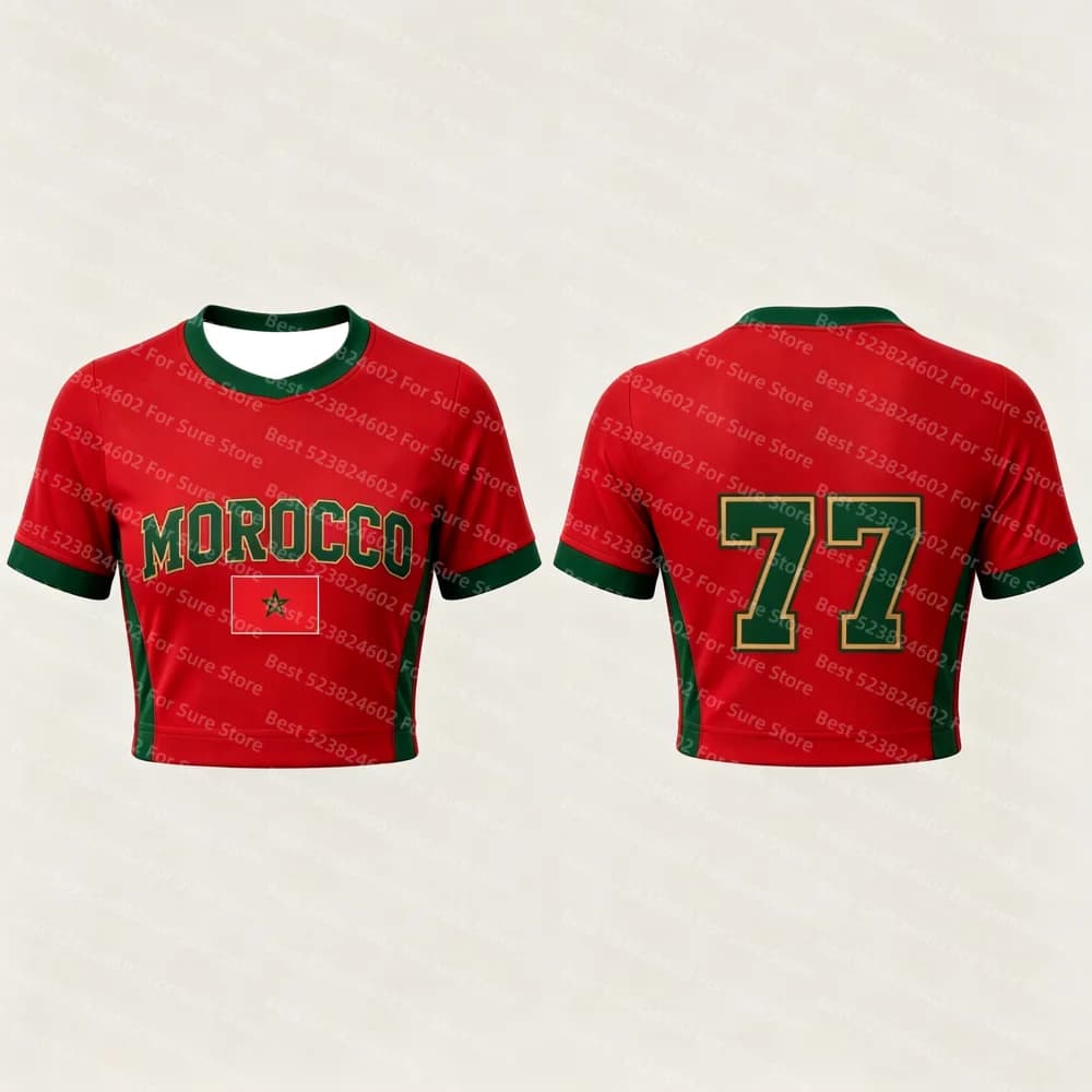 Nouveau T-shirt court de football pour femme, motif drapeau du Maroc, manches courtes, maillot MAROC