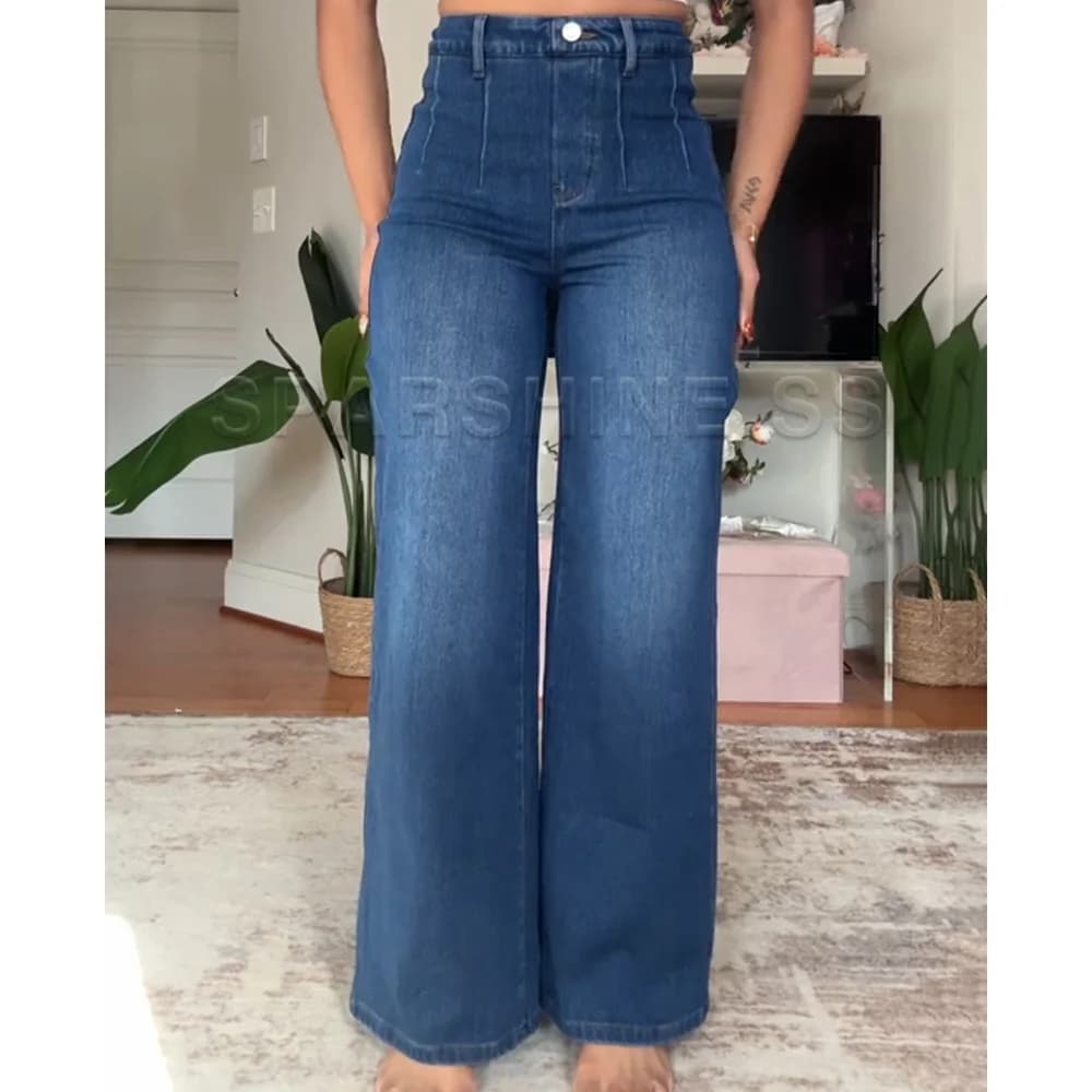 Jean en Denim taille haute à jambes larges, choix confortable pour la mode moderne, pantalon Push Up