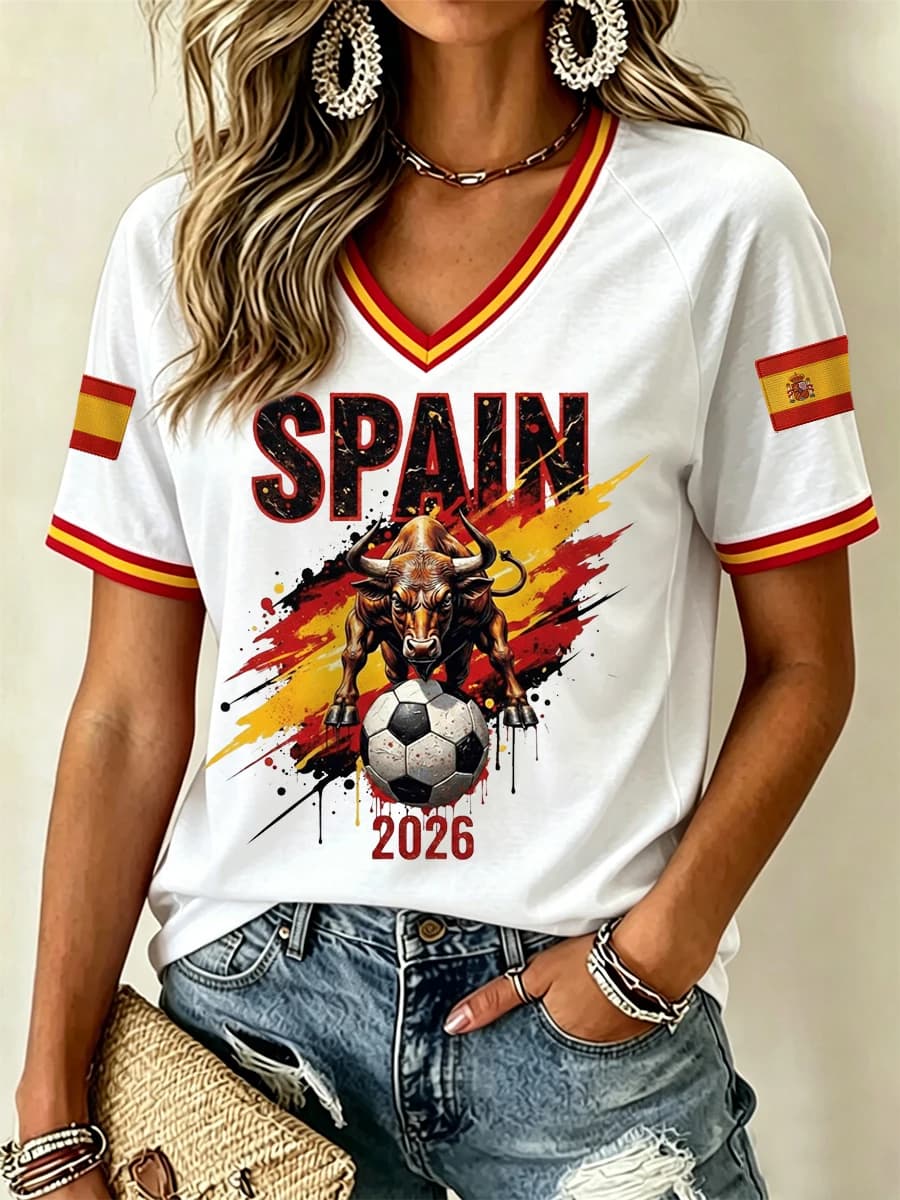 Nouveau Maillot de Foot Rétro Espagne 2026 pour Femme – Col V, Manches Courtes, Respirant, Coupe Amp
