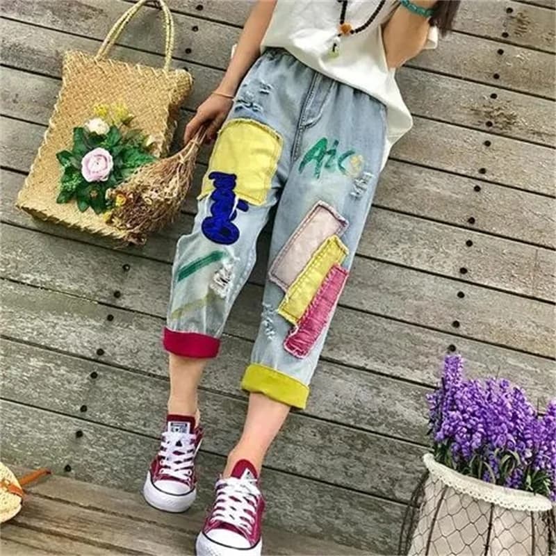 Jean femme 2025 printemps été broderie taille élastique dames Cowboy pantalon contraste couleur ampl