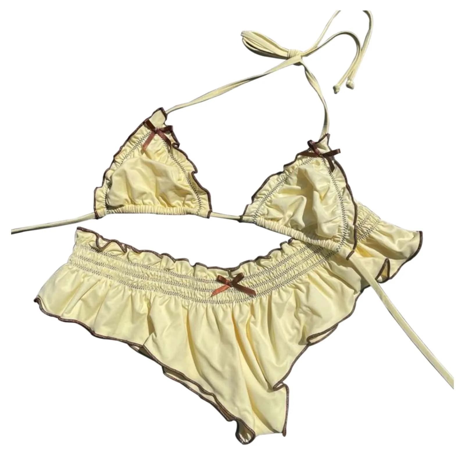 Maillot de bain jaune pour filles, bikini avec nœud et perles en bois, mignon, vêtements de plage po