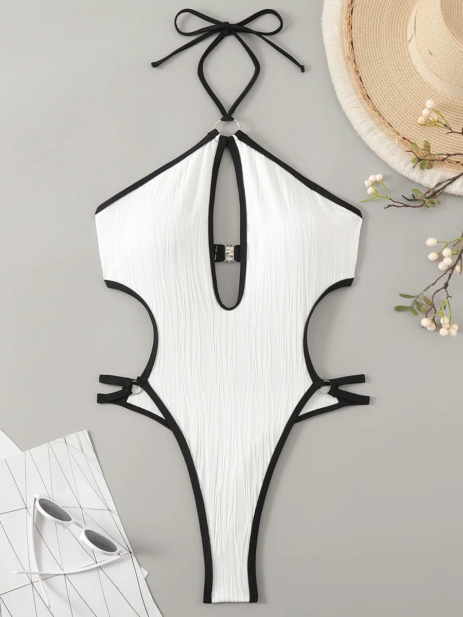 Maillot de bain une pièce pour femme, style monokini, dos nu, à découpes, froncé, coupe string, coup