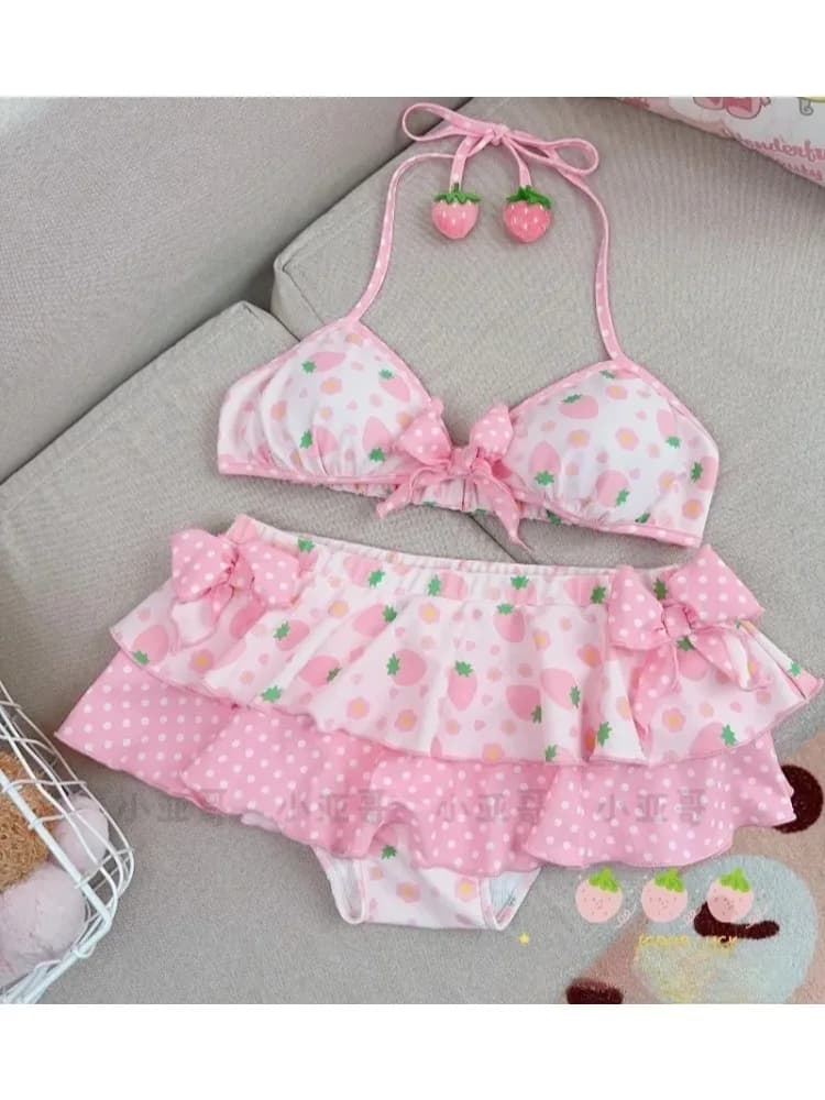 Ensemble de maillot de bain 2 pièces imprimé fraises Kawaii, soutien-gorge et jupe, maillot de bain 