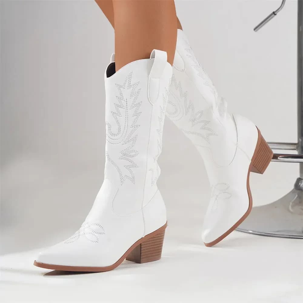 Grande taille 43 haute qualité bloc talons mi-mollet blanc Cowboy bottes femmes Vintage pays Concert