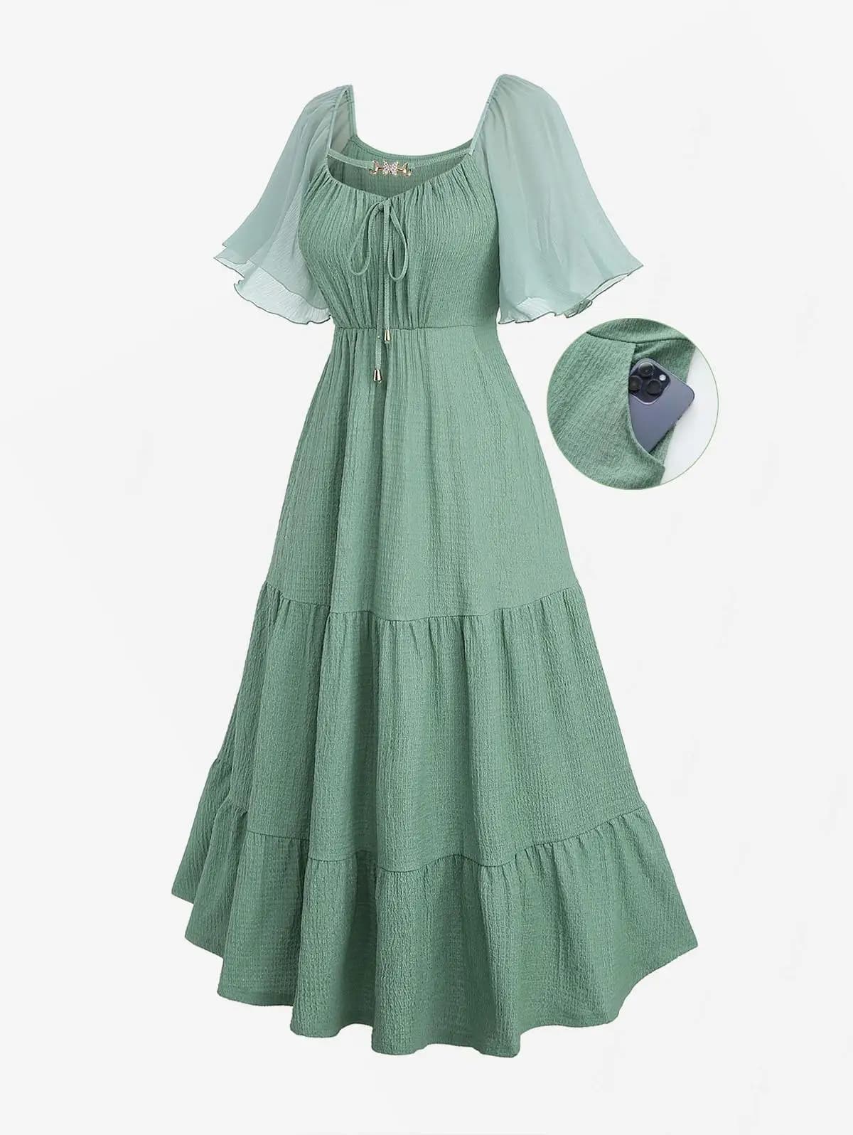 Robe pour femmes grandes tailles, manches en mousseline de soie verte, texture texturée, décoration 