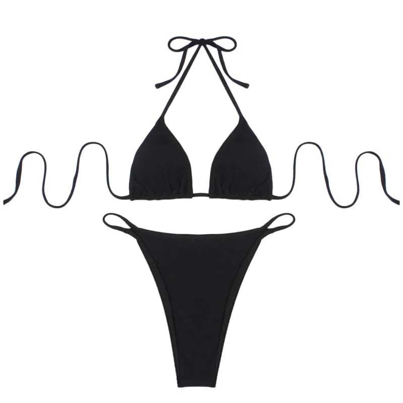 Nouveau Maillot de Bain Deux Pièces Noir 2026 – Bikini Sexy à Bretelles et Col Halter pour Femme – T