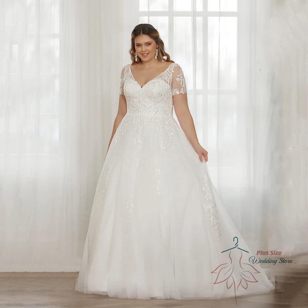Robes De mariée personnalisées, grande taille, col en v, manches courtes, avec des appliques en dent